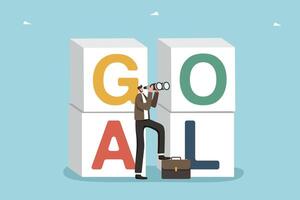 Man looking through binoculars near cubes with goal vector