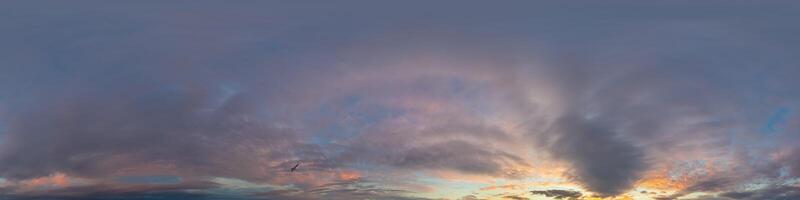 Dark blue sunset sky panorama with pink Cumulus clouds. Seamless hdr 360 panorama in spherical equirectangular format. Full zenith for 3D visualization, sky replacement for aerial drone panoramas. photo
