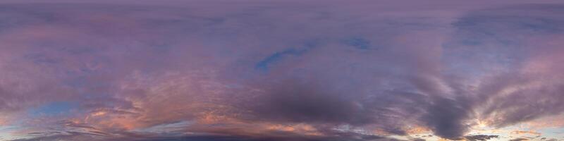 Dark blue sunset sky panorama with pink Cumulus clouds. Seamless hdr 360 panorama in spherical equirectangular format. Full zenith for 3D visualization, sky replacement for aerial drone panoramas. photo