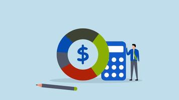 Cost structure, 4k animation of Businessman holding a calculator showing a pie chart of costs. video