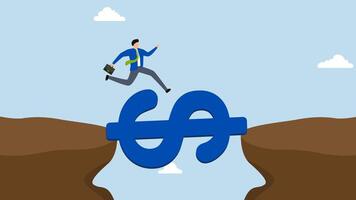 Money to rescue, 4k animation of The businessman leaps over a gap in the cliff by crossing a bridge adorned with dollar signs while holding money. video