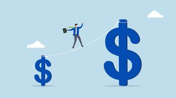 Investment growth high risk high reward, 4k animation of Businessman, investor, acrobat transitions from small dollar to larger one while walking. video