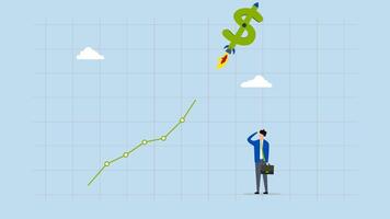 US Dollar value rising due to interest rate hike, 4k animation of Businessman investor observes as the dollar sign soars like a rocket on the exchange chart. video