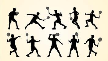 Silhouettes of badminton players in various dynamic action poses, holding rackets, representing different movements such as jumping, swinging, and serving on a light background. vector