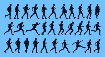 A Silhouettes set of boys people walking, jogging, and running in various poses, capturing motion and different stages of movement in casual clothing and carrying everyday items. vector