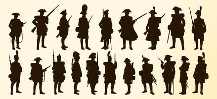 Silhouettes of historical soldiers are shown holding various weapons and in different stances. The figures appear to represent different military uniforms from various time periods. vector