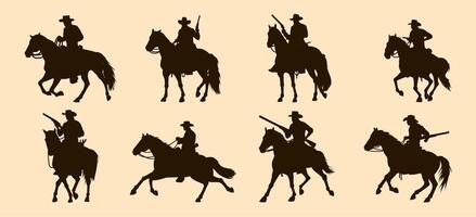 Silhouettes of cowboys riding horses, some holding rifles, representing scenes of the Wild West in various dynamic poses. vector