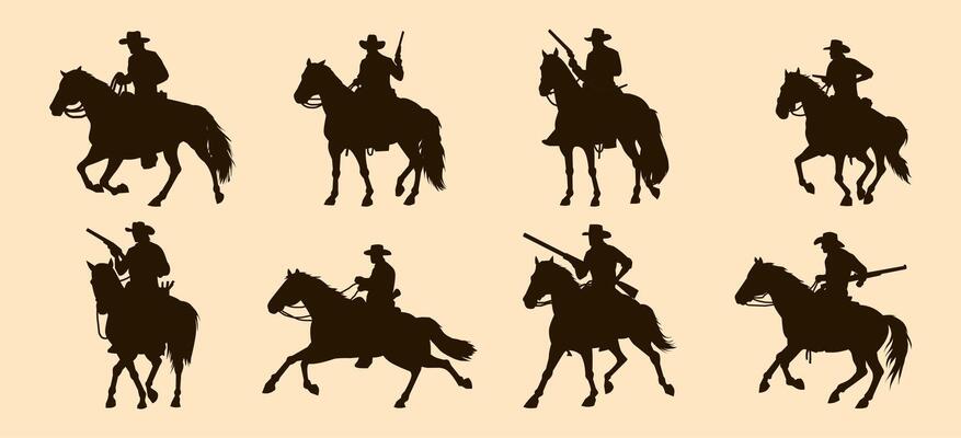 Silhouettes of cowboys riding horses, some holding rifles, representing scenes of the Wild West in various dynamic poses.