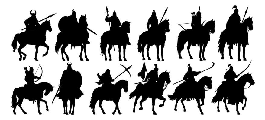 Silhouettes of medieval warriors on horseback, armed with various weapons including spears, swords, and bows.