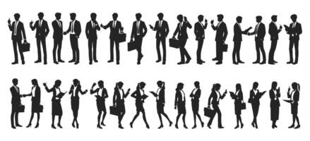 Silhouettes of business professionals engaged in various gestures and interactions, in formal attire. vector