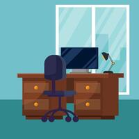 Flat illustration working room with desk and chair, building view vector