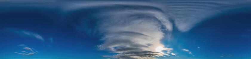 Blue sky with Cirrus clouds Seamless panorama in spherical equirectangular format. Complete zenith for use in 3D graphics, game and for composites in aerial drone 360 degree panoramas as a sky dome photo