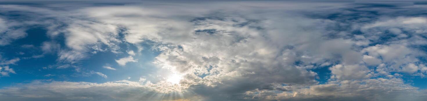 Blue sky with Cumulus clouds Seamless panorama in spherical equirectangular format. Complete zenith for use in 3D graphics, game and for composites in aerial drone 360 degree panoramas as a sky dome photo