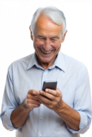 Senior man smiling while texting on smartphone png