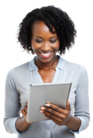 Smiling woman using a tablet in a bright setting png