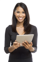 Smiling woman using a tablet in a studio setting png