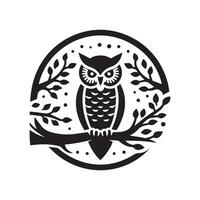 An owl sitting on a branch with leaves vector