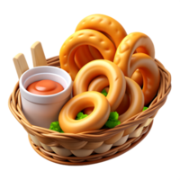 3D render of golden onion rings with creamy dipping sauce png
