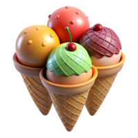 3D render of triple scoop ice cream cone with toppings png