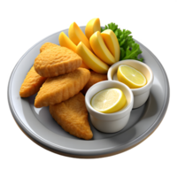 3D render of traditional fish and chips with tartar sauce png