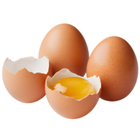 Three brown eggs, one cracked open revealing vibrant yolk png