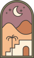 Desert boho logo with moon and mountains. Abstract bohemian illustration with palm and minimal landscape. Arch and window elements for poster and decoration png