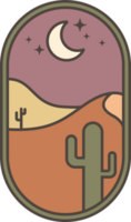 NIght desert boho logo with dunes. Abstract bohemian illustration with moon cactus and minimal landscape. Arch and window design element for poster and decoration. png