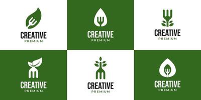 Set of fork and leaf logo design template illustration idea vector