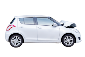 Full body front and side view of white car get damaged by accident on the road. damaged cars after collision. Isolated on transparent background, File png