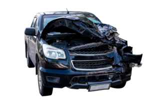 Front and side view of black pickup truck car get damaged by accident on the road. damaged cars after collision. isolated on transparent background, File png