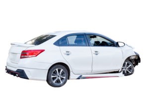 Car crash, Full body back and side view of white car get damaged by accident on the road. damaged cars after collision. Isolated on transparent background, File png
