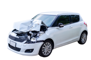 Full body front and side view of white car get damaged by accident on the road. damaged cars after collision. Isolated on transparent background, File png