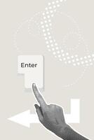 Fashionable halftone collage. Enter key combination. Entering, confirming, sending a message. Keyboard, computer, keyboard shortcut, laptop, input device, hotkeys. vector