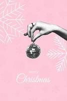 Trendy halftone collage. 2025 Concept of holiday, fun. Hand holding Christmas tree toy in the form of mirror ball on pink background. illustration for greeting card, invitation, web banner vector