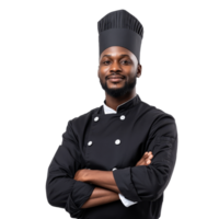 A confident black chef dressed in a black double-breasted chef's coat and matching hat, standing with arms crossed, isolated on a transparent background png