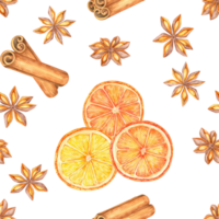 Star anise, cinnamon sticks, and sliced oranges. Seamless watercolor pattern offers a fresh seasonal festive design for use on fabrics, packaging, or as digital backgrounds for blogs or websites png