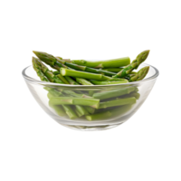 Fresh green asparagus stem vegetables in small glass bowl isolated on transparent background png