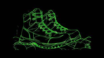 Neon frame effect, Hiking Boots Sturdy boots for hiking on black background video