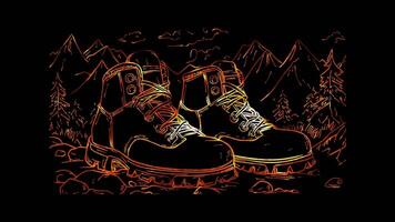 Neon frame effect, Hiking Boots Sturdy boots for hiking on black background video