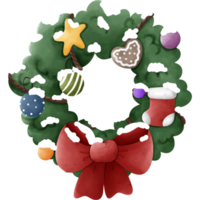 A festive Christmas wreath adorned with a big red bow. It's decorated with colorful ornaments, a gingerbread cookie, and a star. There's a light dusting of snow on the green leaves. png