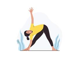 A woman in a yellow shirt performs a yoga pose, reaching for the sky with one hand while bending towards the ground with the other. vector
