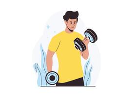 Man Bicep Curl dumbbells with focused expression, wearing a yellow shirt, emphasizing strength. vector
