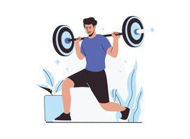 Man lunges squatting with a barbell, wearing a blue shirt, showing strength and balance during exercise. vector
