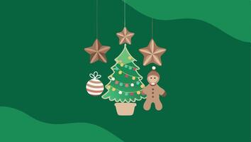A Christmas tree and a gingerbread man hanging from strings vector