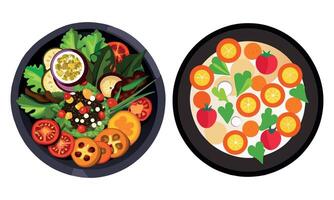 Two plates with different types of vegetables and fruits vector