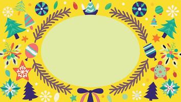 A yellow background with Christmas decorations and a circle frame vector