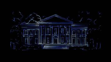 Neon frame effect, Courthouse building with people standing on black background video