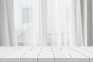 White Wood Table with Blurred Window and Curtain Background photo