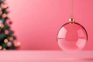 Glass Christmas ornament hangs in front of a pink background, with a blurred Christmas tree in the distance photo