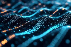Binary code flowing in wavy patterns, digital communication and technology photo